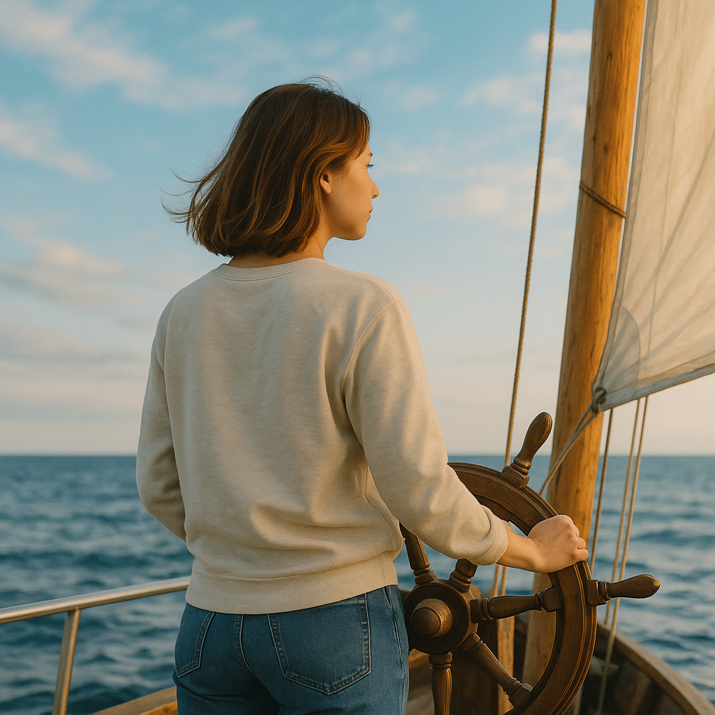 Femme tenant la barre d’un voilier, métaphore du leadership personnel et du renouveau.