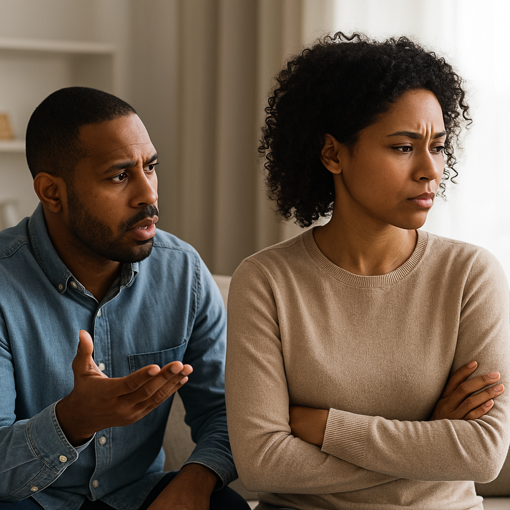 Couple en désaccord lors d’une conversation, l’un parlant et l’autre détournant le regard, illustrant les difficultés de communication