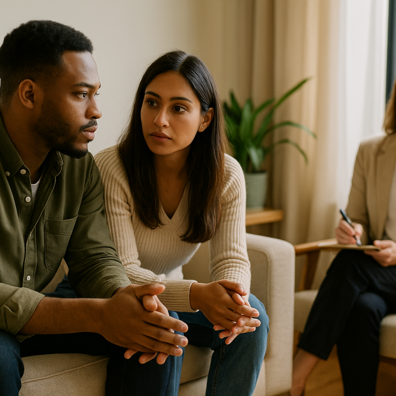 Couple en séance de psychothérapie avec une thérapeute femme en arrière-plan, travaillant sur la communication dans le couple.