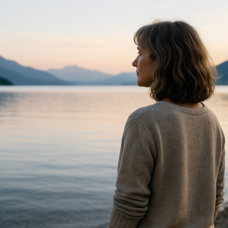 Femme d’environ 40 ans regardant l’horizon au bord d’un lac, symbolisant la réflexion avant une reconversion professionnelle.