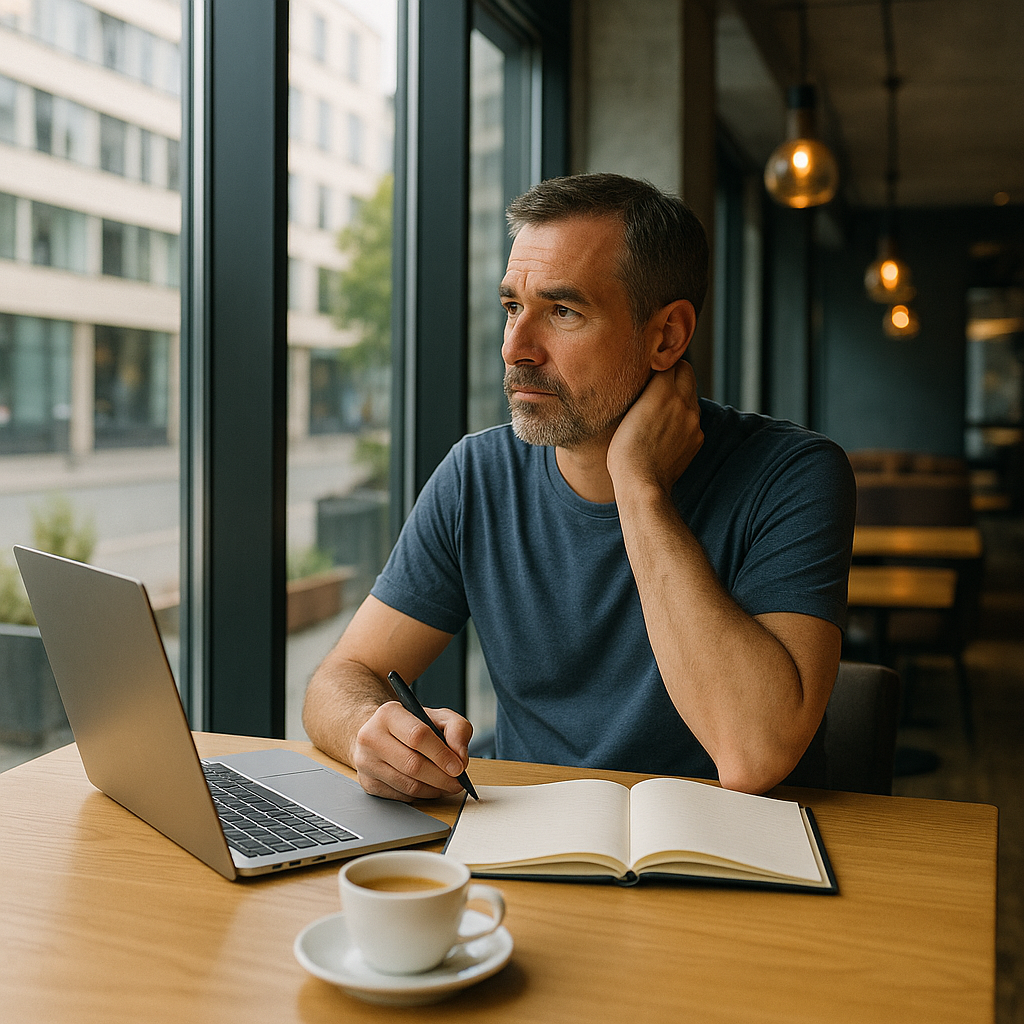 Homme d'environ 40 ans assis dans un café, réfléchissant à sa reconversion professionnelle avec un ordinateur et un carnet devant lui