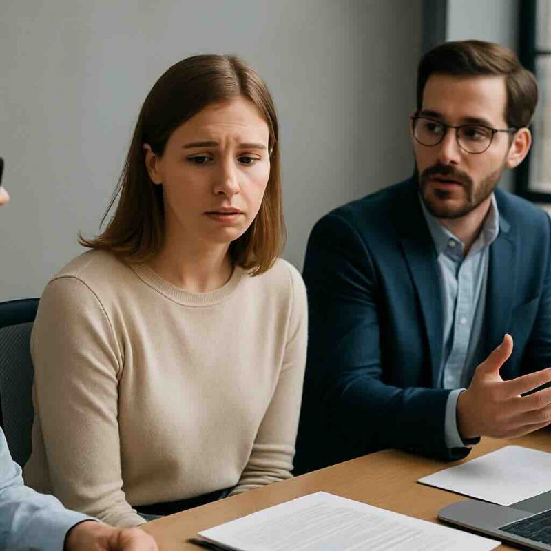 Femme en réunion, légèrement mal à l’aise, écoutant les autres participants autour de la table.