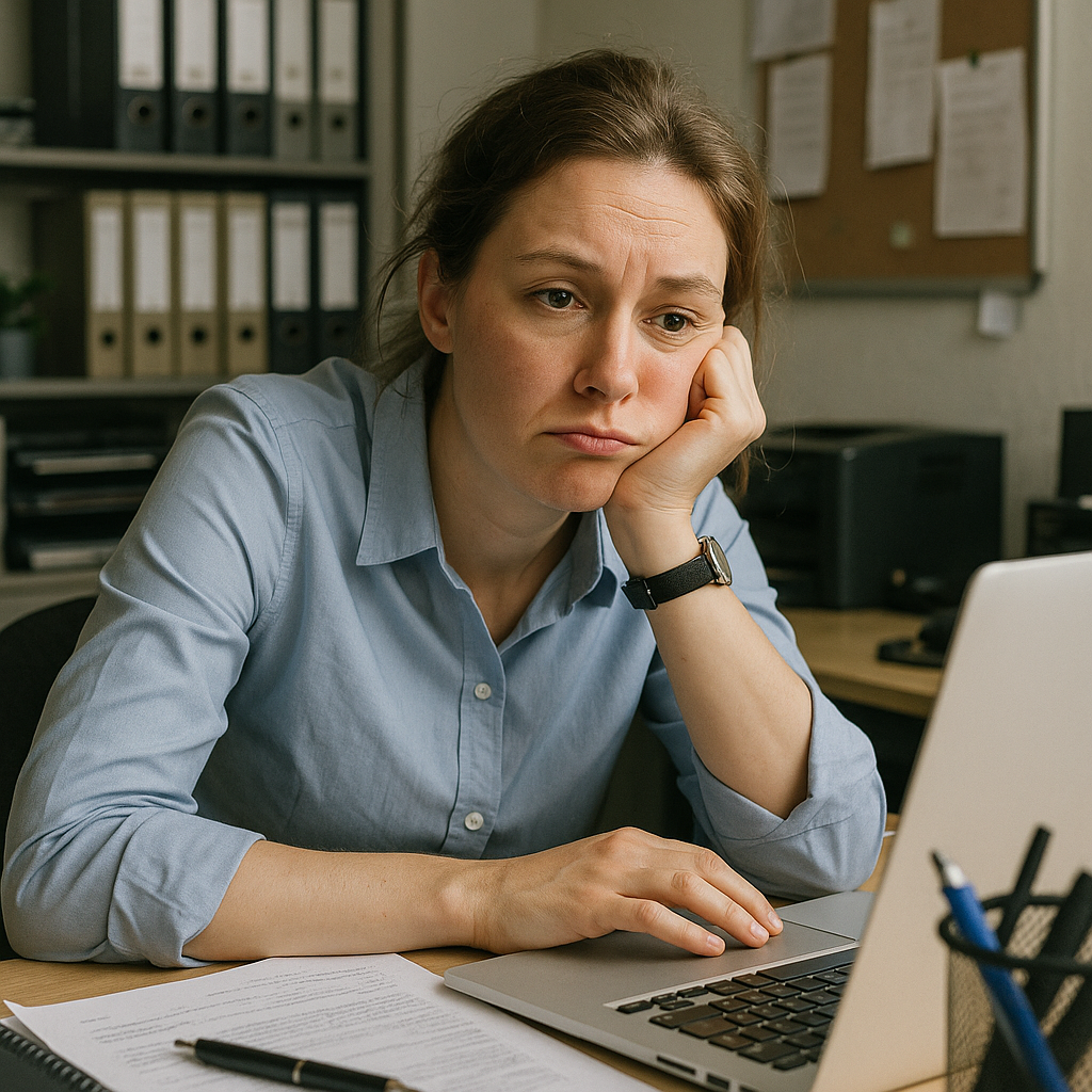 Femme HPI ennuyée devant son ordinateur au travail, manifestant un manque de stimulation et de motivation professionnelle.