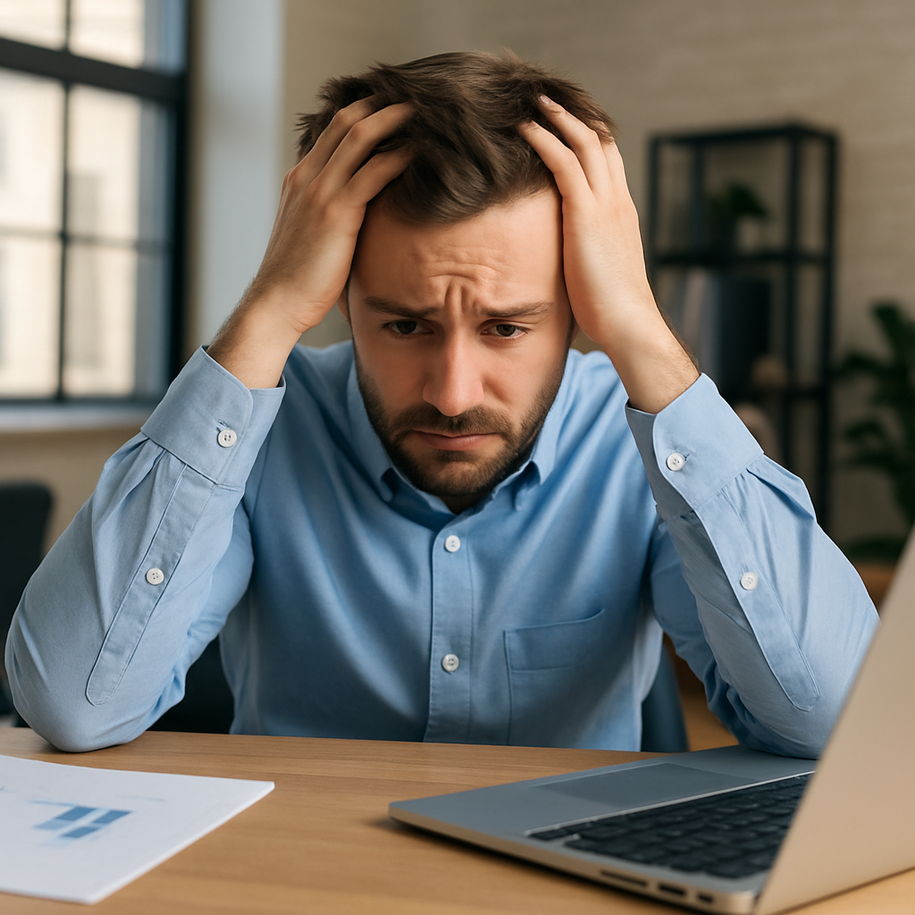 Homme au bureau, stressé devant son ordinateur, se tenant la tête entre les mains, illustrant le syndrome de l’imposteur.