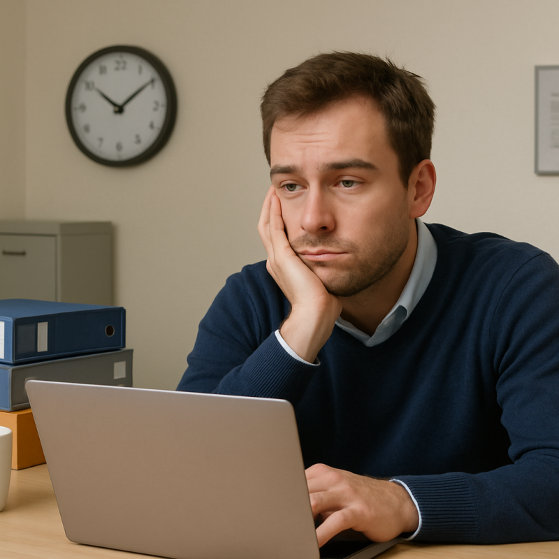 Personne HPI démotivée dans un environnement de travail inadapté à ses besoins cognitifs.
