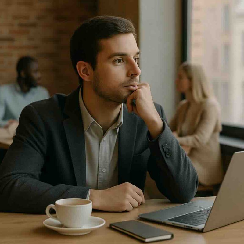 Homme en réflexion devant son ordinateur portable dans un café, illustrant une recherche de sens et de direction professionnelle.
