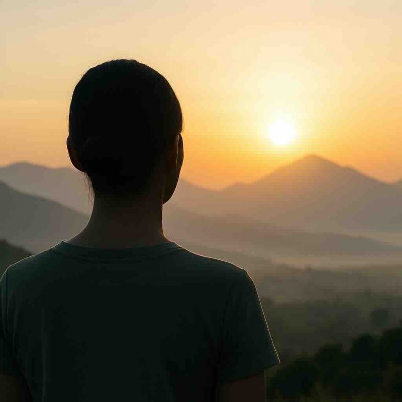 Femme de dos observant le lever du soleil sur les montagnes, symbole d’équilibre et de bien-être au travail.