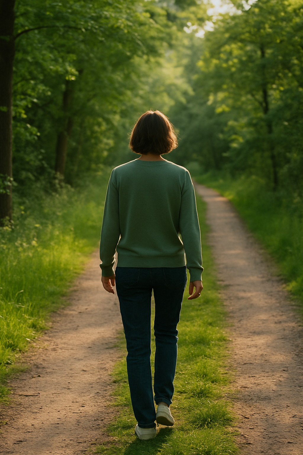 Personne marchant calmement sur un chemin forestier, symbole d’équilibre intérieur et de transition professionnelle en douceur.