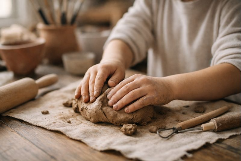 Enfant modelant de l’argile lors d’un atelier de céramique, une médiation créative inspirée de l’art-thérapie favorisant l’apaisement et l’expression émotionnelle.