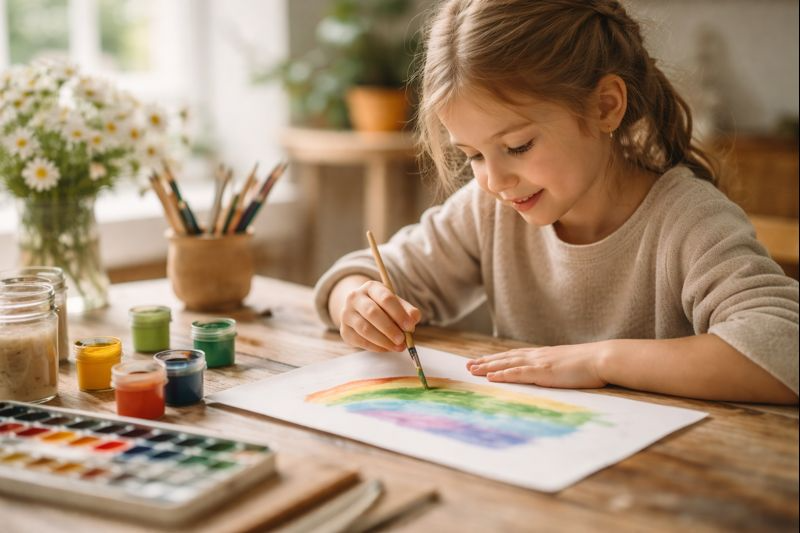 Enfant en train de peindre dans un environnement calme et lumineux, illustrant la créativité comme moyen d’expression émotionnelle et de bien-être.