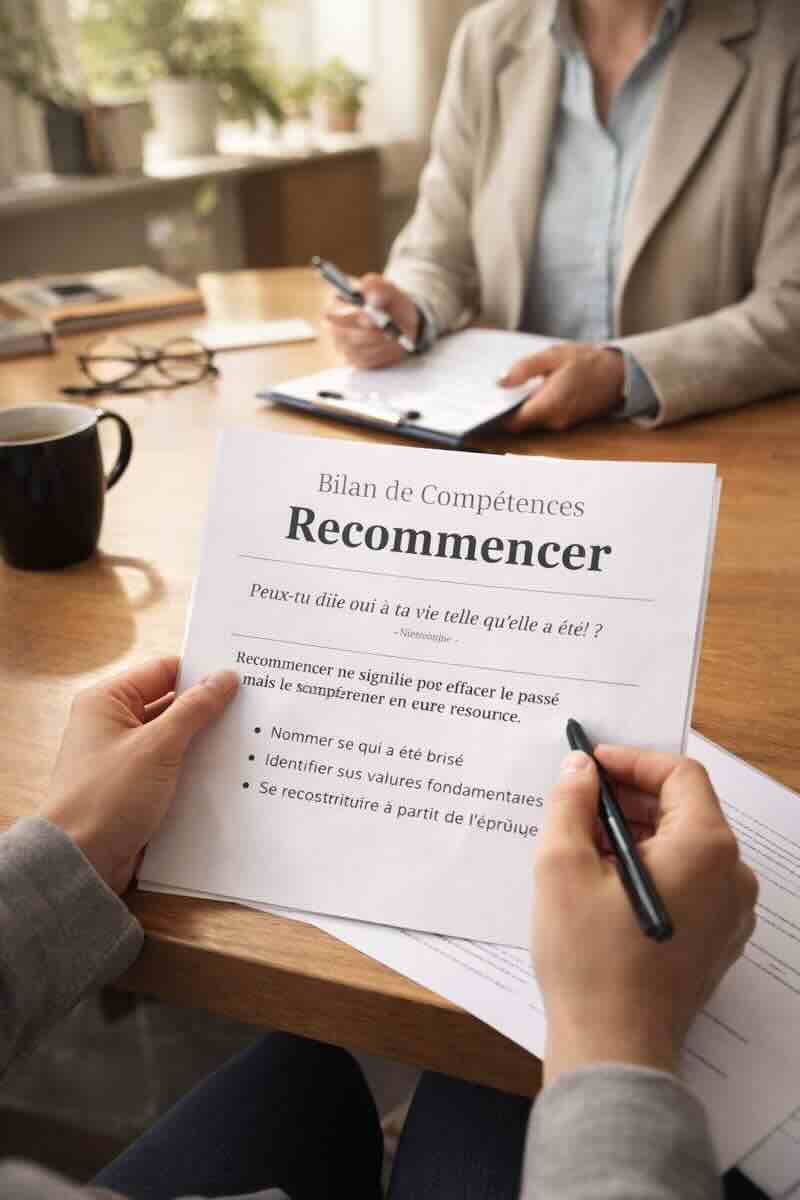 Accompagnement professionnel lors d’un bilan de compétences, illustrant le recommencement après une épreuve dans un cadre sécurisant et humain.