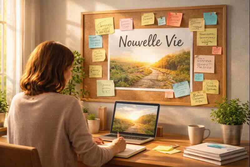 Femme réfléchissant à sa reconversion professionnelle dans un espace lumineux, symbole de recommencement et de transformation après une épreuve