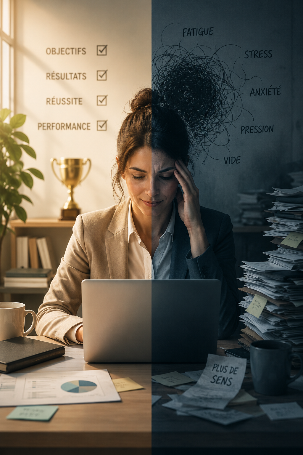 Illustration de la performance au travail masquant un épuisement psychologique et un stress professionnel
